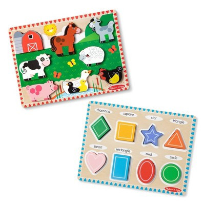 Melissa & Doug Chunky Puzzle 2pk - Farm, Shapes: Educational Wooden Puzzles for Toddlers, 8-Piece, Animal Theme | Target