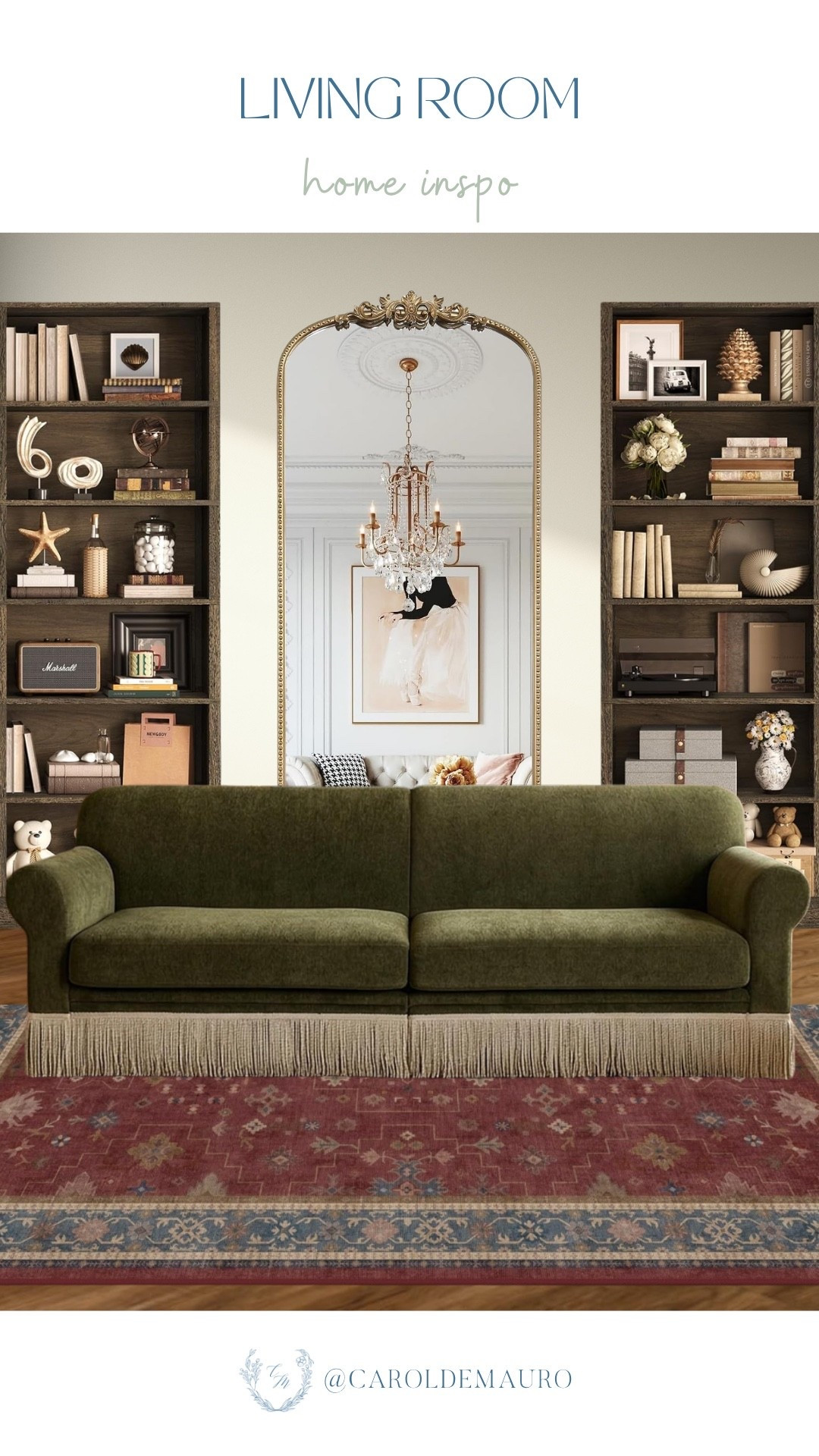 Obsessed with this living room mood — the olive green fringe sofa, ornate arched mirror, and dark wood built-ins hit that perfect balance of cozy and elevated. Linking all the shoppable pieces so you can recreate the feel.

home styling, dark wood bookshelves, eclectic home decor, maximalist living room, moody aesthetic

#LTKHome