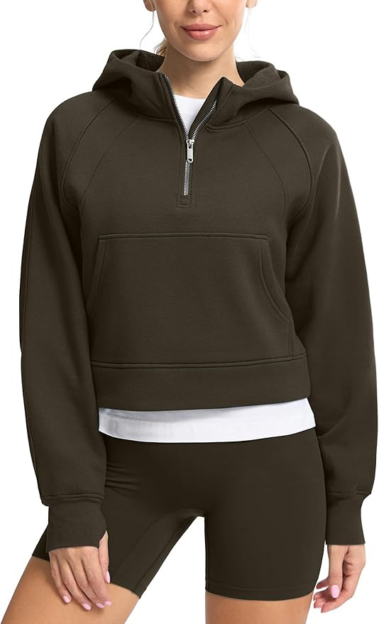 SANTINY Women's Fleece Cropped Hoodies Half Zip Lined Pullover Sweatshirt Athletic Workout Hoodie... | Amazon (US)