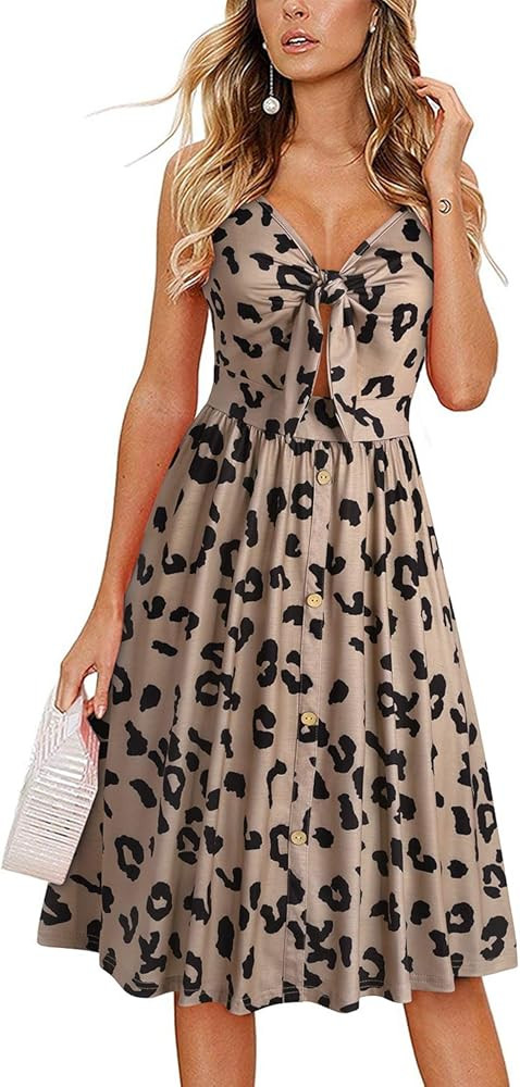 LAISHEN Womens Floral Sundress V Neck Tie Knot Front Spaghetti Strap Summer Dresses with Pockets | Amazon (US)