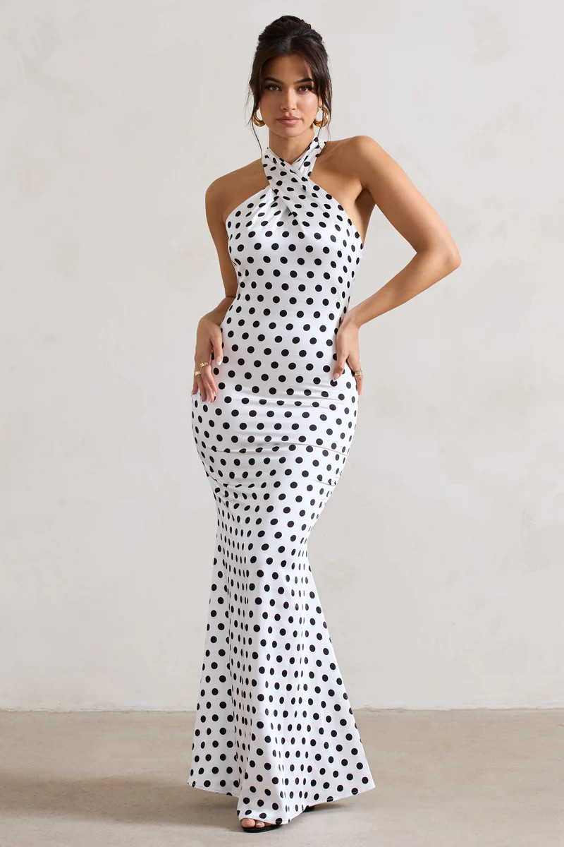 Unstoppable | White Polka Dot Satin Cross Over Halter Neck Maxi Dress | Club L London