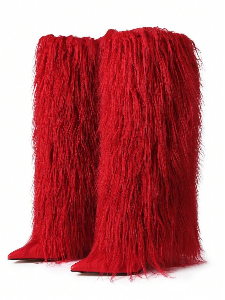 Red Fur Knee Boots | SHEIN