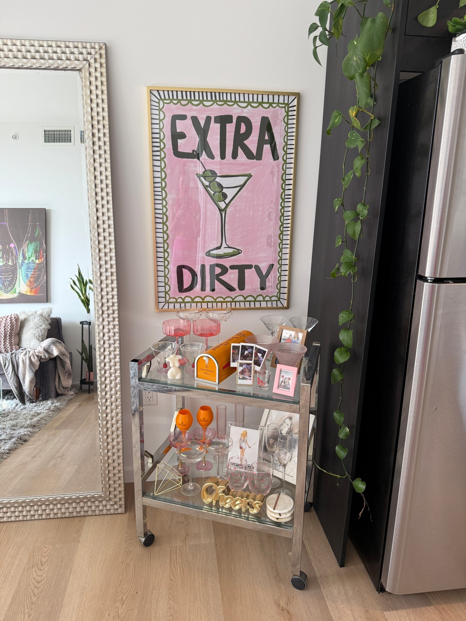 Bar cart print from Etsy - under $50 frame, Walmart finds, martini, dirty martini, martini glasses, champagne glasses, girly decor, apartment decor, one bedroom apartment 

#LTKHome