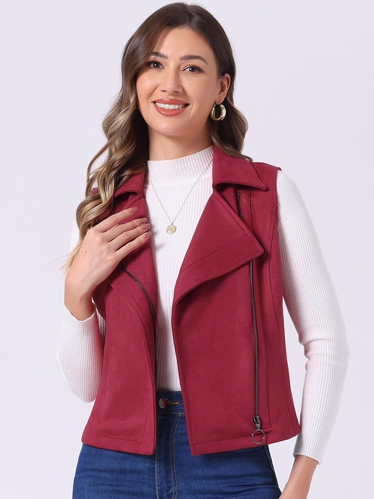 Allegra K Women's Faux Suede Vest Casual Sleeveless Biker Jacket | Amazon (US)