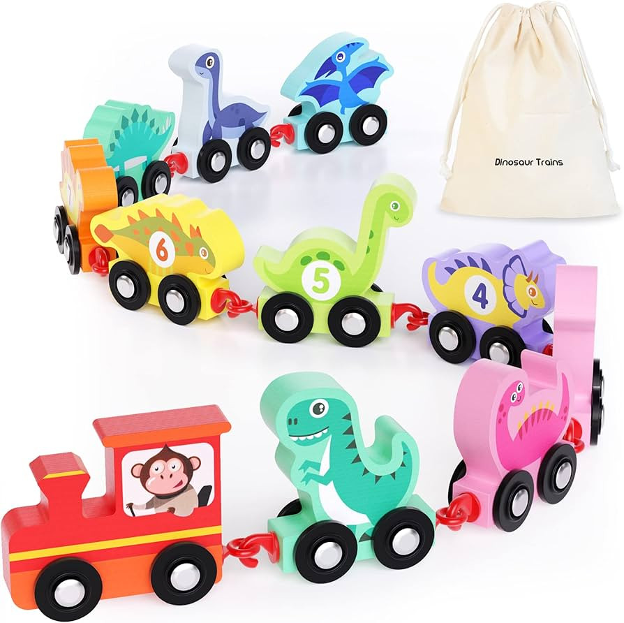 HELLOWOOD Wooden Dinosaur Train Set with Numbers,11 Pieces Train Cars Includes Locomotive & Stara... | Amazon (US)