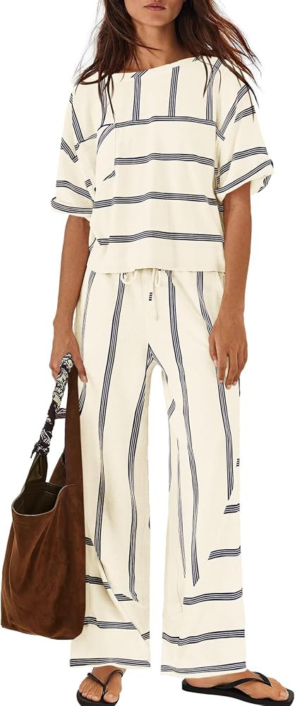 Nirovien Womens Striped Lounge Set 2 Piece Vacation Sets Short Sleeve Tops and Wide Leg Pants Tra... | Amazon (US)