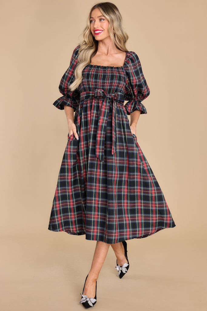 Everyday Cheer Black Plaid Midi Dress | Red Dress 