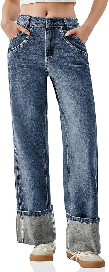 PLNOTME Womens Baggy Jeans Boyfriend Wide Leg Trendy Casual Mid Rise Cuffed Hem Denim Pants with ... | Amazon (US)