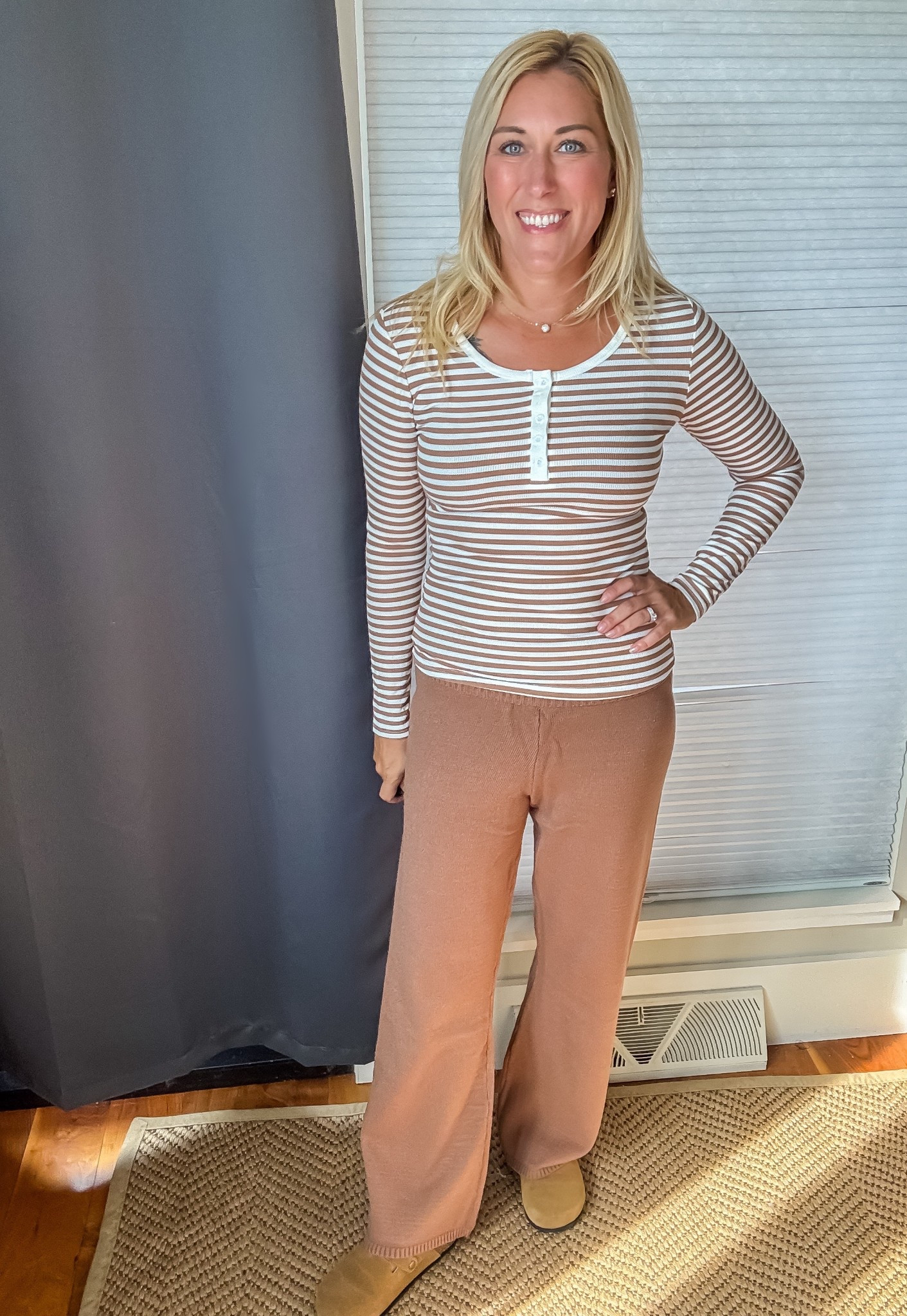 Stripes just make any outfit feel a little more fun.  The fit of this henley top is perfection. Also, I’m living in these sweater pants lately… no regrets. The stretch and comfort is out of control! 😍