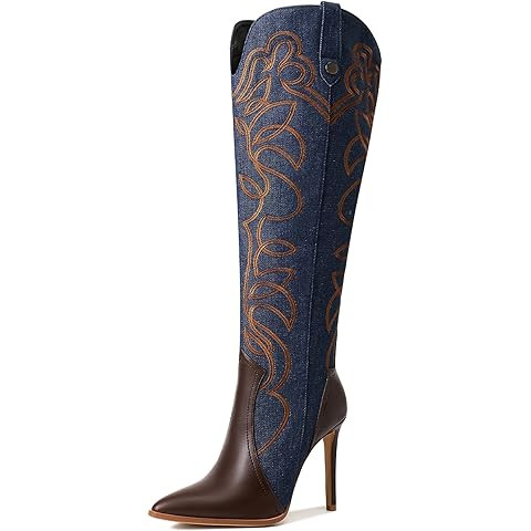 Amazon.com: WINDBXYB Women's Cowboy Boots Wide Calf Stiletto Knee High Fashion Pointed Toe Side Z... | Amazon (US)