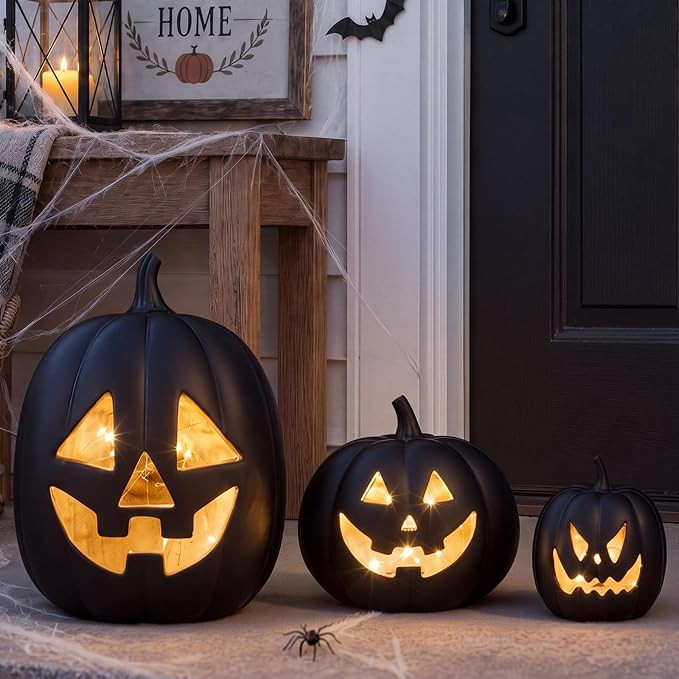 3 Pcs Resin Halloween Pumpkin Decorations Light up Pumpkin Lantern Vintage LED Terracotta Hallowe... | Amazon (US)