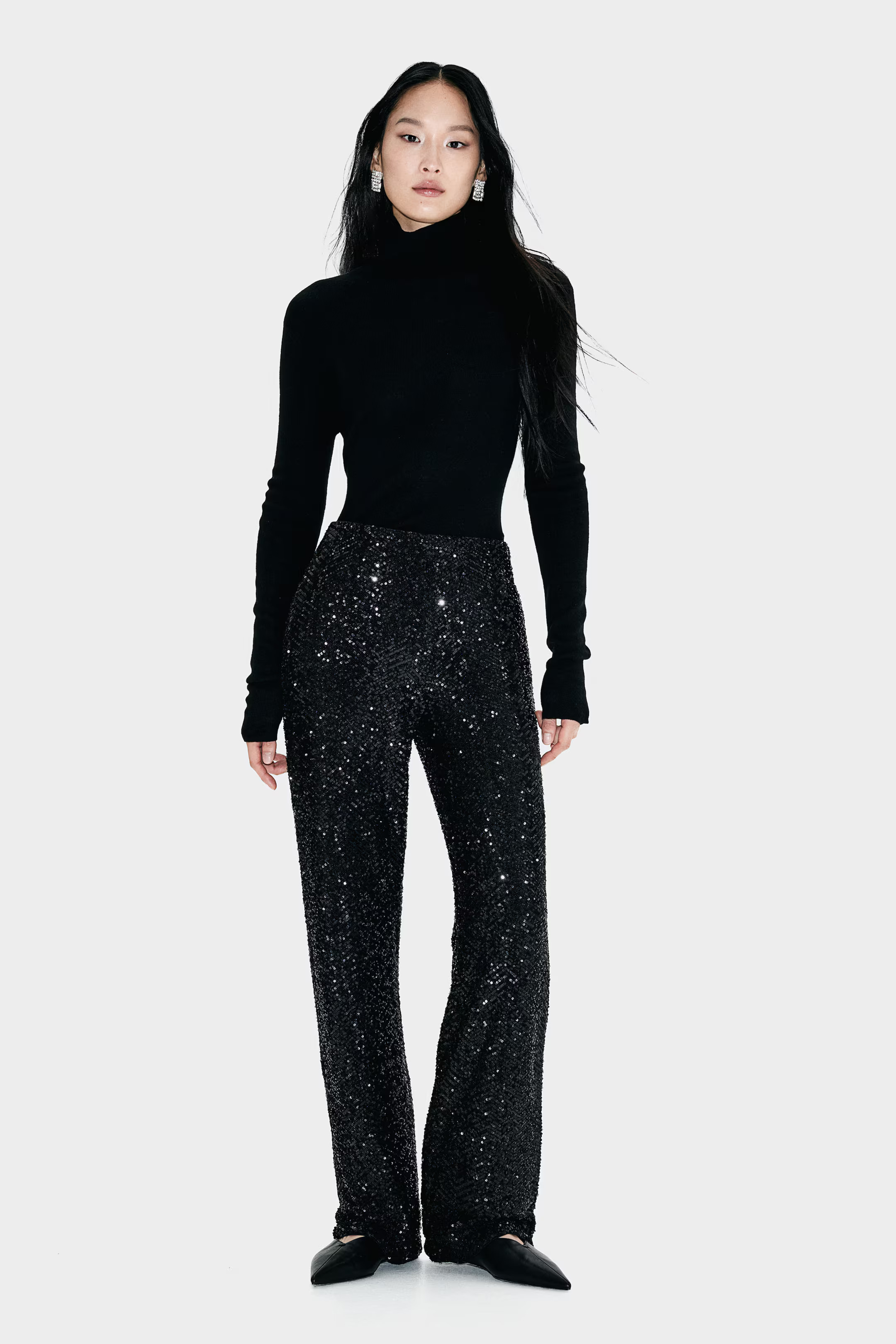 Sequined Pants - Black/herringbone-patterned - Ladies | H&M US | H&M (US + CA)