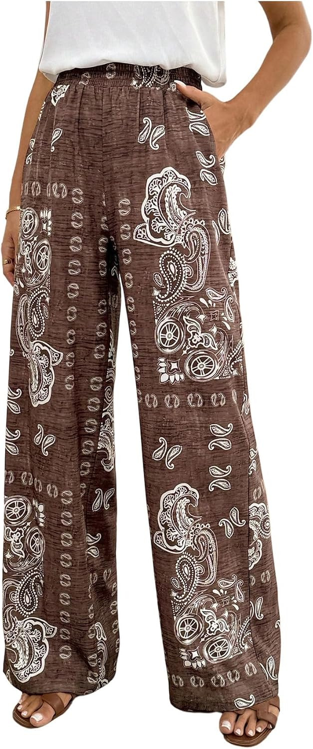 RoseSeek Women's Boho Paisley Wide Leg Pants Palazzo Vacation Trousers | Amazon (US)