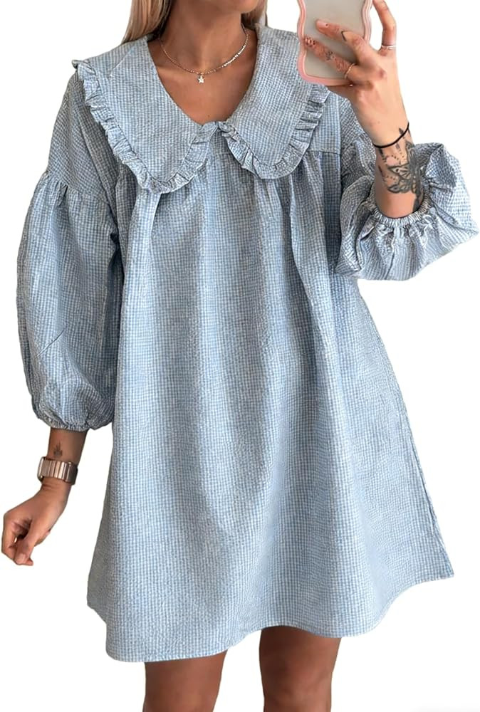 2026 Women's Babydoll 3/4 Puff Sleeve Plaid Mini Dress Lapel Doll Collar Loose Y2k Dress | Amazon (US)