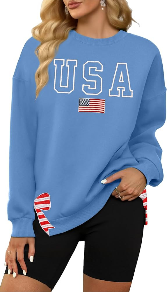 hohololo USA Sweatshirt Women American Flag Long Sleeve 4th of July Shirts USA Graphic Crewneck P... | Amazon (US)