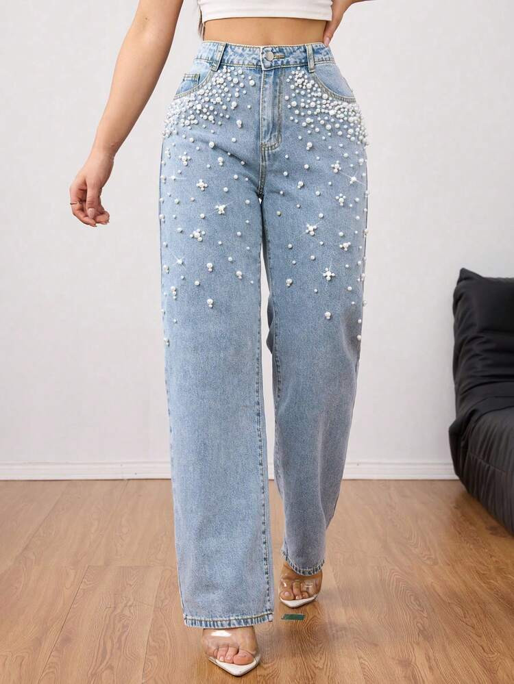 Women's Straight Leg Jeans With Front Button Studs And Bead Decoration, Washed Casual Jeans | SHEIN