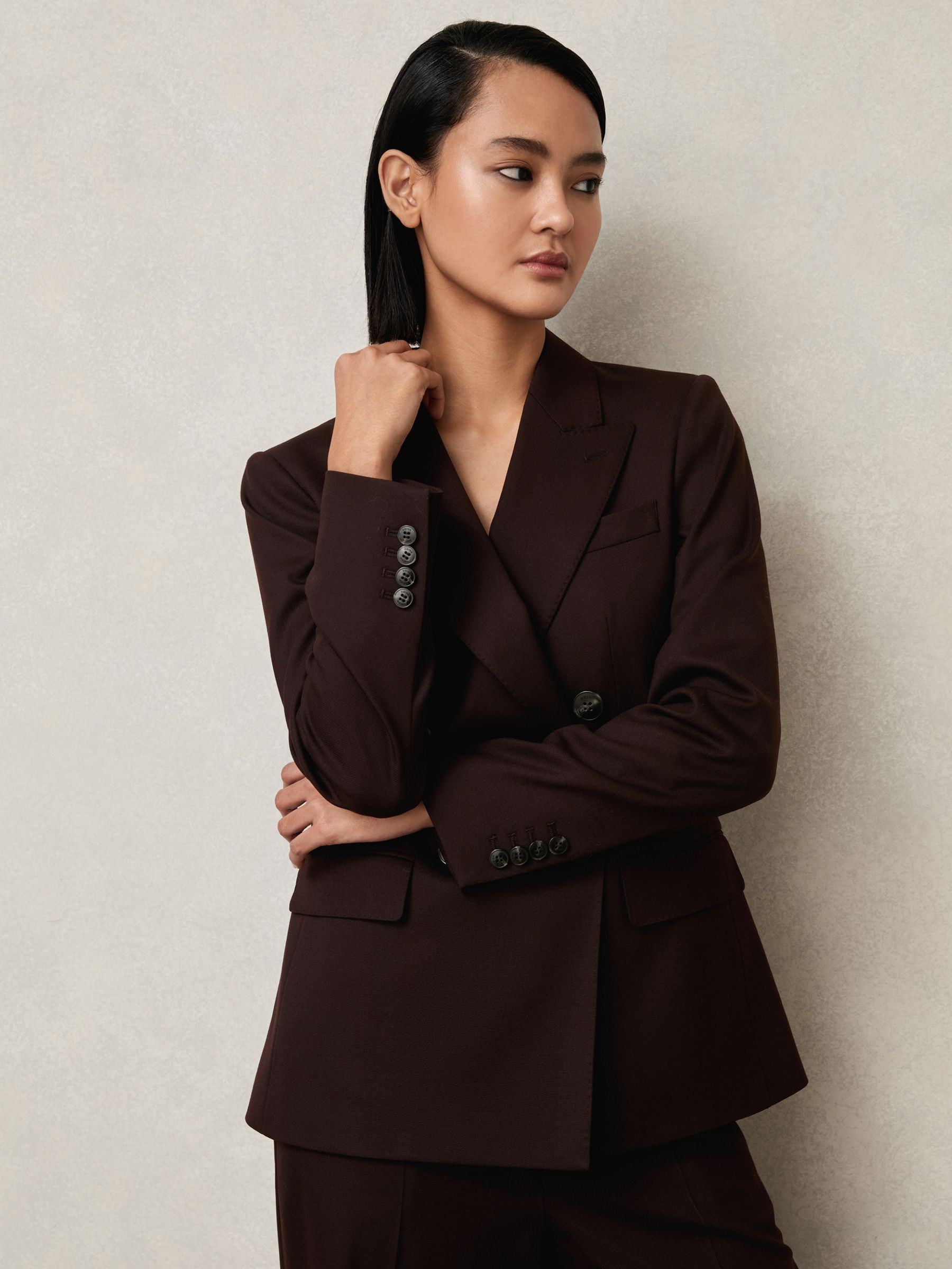 Reiss Wool-Blend Double-Breasted Suit Blazer in Aubergine - REISS | Reiss UK