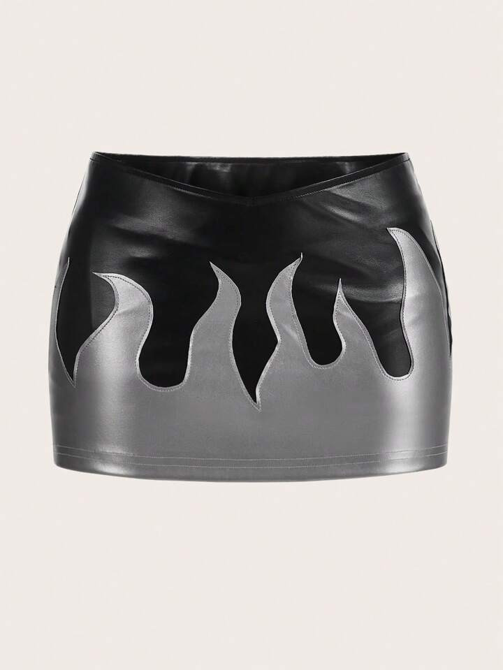 SHEIN ICON Bikercore Fire Pattern Two Tone Bodycon Skirt | SHEIN