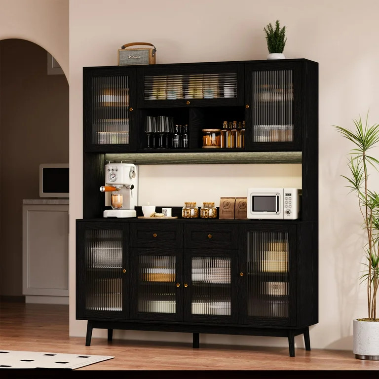 RichYa 64.4''H Kitchen Pantry Cabinet with RGB LED Light,2 Drawers Hutch Buffet Storage Cabinet w... | Walmart (US)