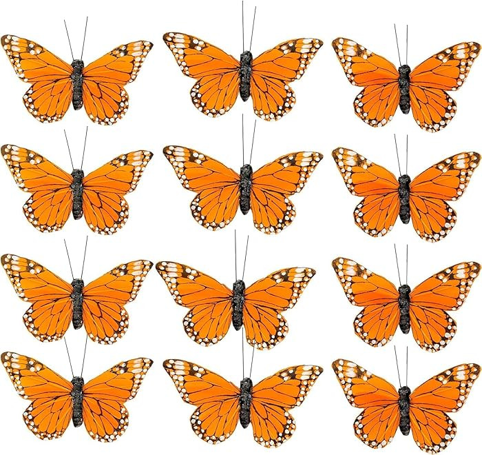 YCHTEWY- Monarch Butterfly Decor, Feather Butterfly Decorations Set of 12 pcs with Clip, 3.75", O... | Amazon (US)