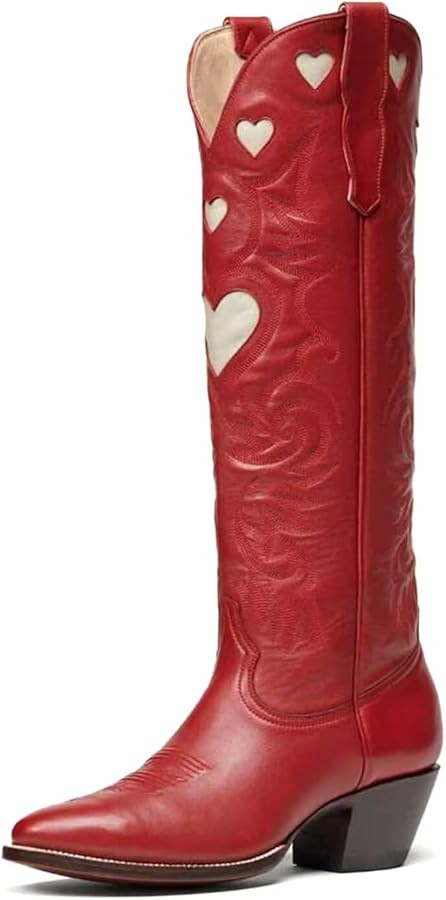 Agodor Cowboy Boots for Women Heart Cowgirl Boots Classic Embroidered Women Wide Calf Knee High B... | Amazon (US)