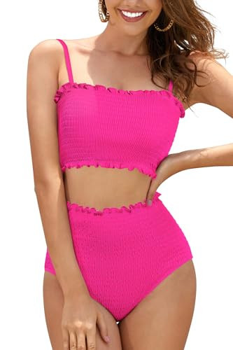 SHEKINI Women's Bikini Sets Shirred Bandeau Bikini Top High Waist Bathing Suit Removable Straps Two Piece Swimsuit（XXL,Fluorescent Pink） | Amazon (US)