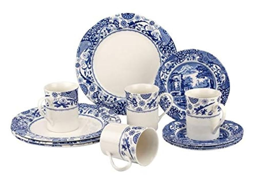 Spode Blue Italian Brocato 12 Piece Dinnerware Set - Service for 4 with Earthenware Dinner Plates... | Amazon (US)