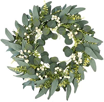 20” Green Wreath,Artificial Eucalyptus Wreath with Fern Leaves and Round Cream Berries for Spri... | Amazon (US)