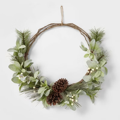 22" Vine with Flocked Faux Lambs Ear Leaves and White Berries Artificial Christmas Wreath - W... | Target