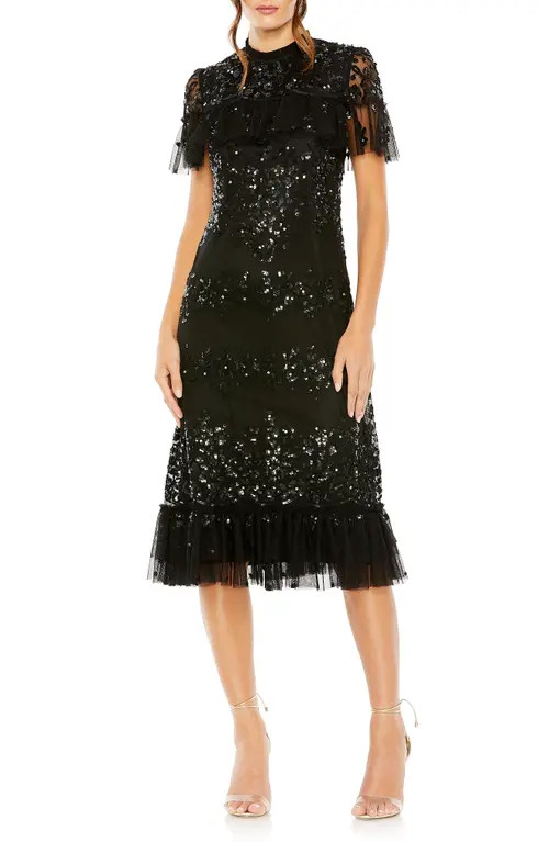 Mac Duggal Women's Sequined High Neck Ruffled Flutter Sleeve Midi Dress in Black at Nordstrom, Size 12 | Nordstrom