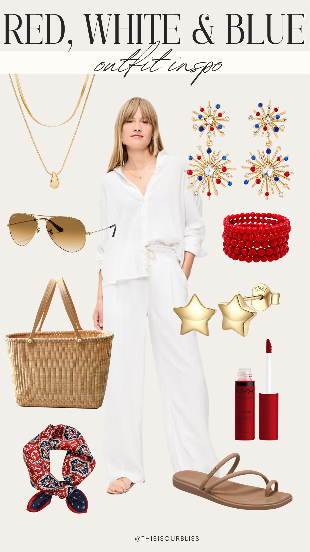 Keeping the outfit neutral and letting the accessories do the talking 🇺🇸✨ The easiest way to add a little Memorial Day spirit? Pops of red, white & blue through fun jewelry, bags, and sandals ❤️🤍💙 #MemorialDayWeekend #FourthofJulyStyle #NeutralStyle 

 #LTKootd #LTKSeasonal #LTKSaleAlert
