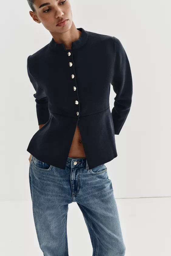 Round neck, long-sleeve cardigan. Flared hem. Front closure with gold buttons. | Zara US