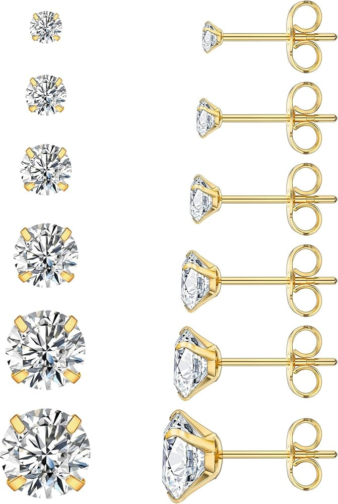 6 Pairs Stud Earrings Set, Hypoallergenic Cubic Zirconia 316L Earrings Stainless Steel CZ Earring... | Amazon (US)