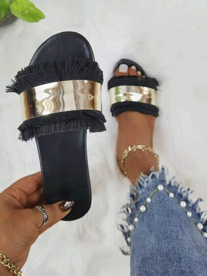 Metal Decor Fringe Design Slide Sandals | SHEIN