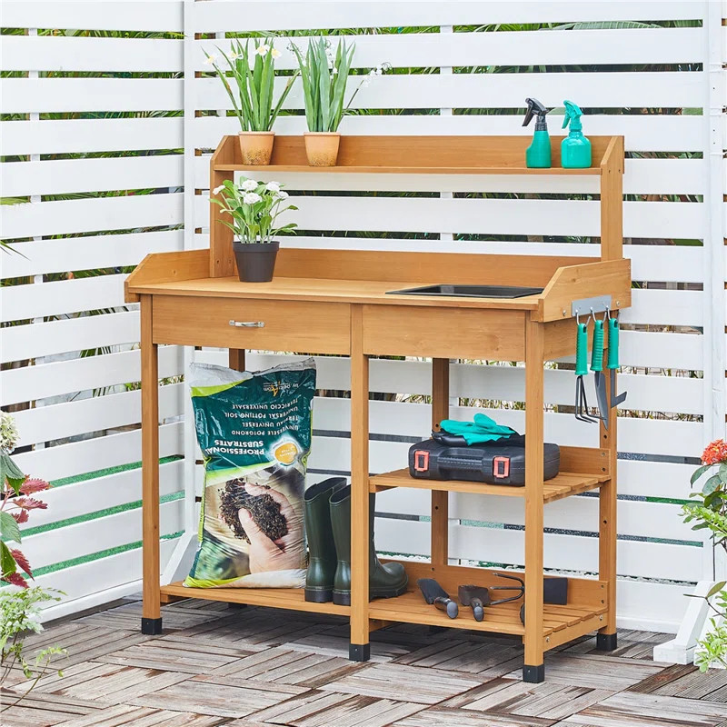 Loon Peak® Burroughs Fir Wood Outdoor Potting Bench with Sink Drawer & Reviews | Wayfair | Wayfair North America