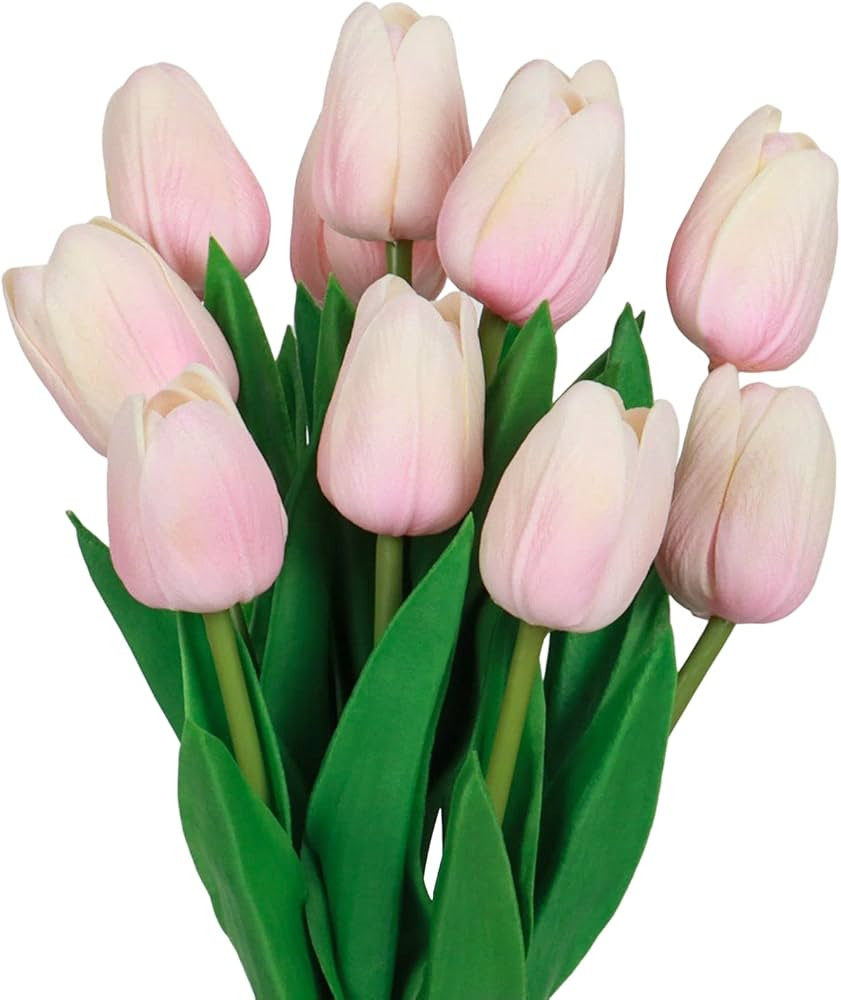 10 Pcs Pink Tulips Fake Flowers PU Faux Flowers Artificial Tulips Touch Real Single Stem Fake Flo... | Amazon (US)