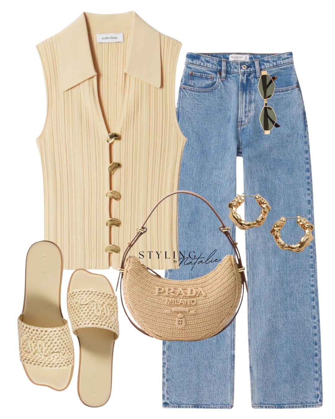 Effortless chic summer look 💛 Butter yellow top with collar and gold button detail, high rise jeans, Chloe crochet slides, Prada raffia bag, gold hoop earrings & celine sunglasses.
Casual chic, summer look, date night, brunch outfit

#LTKsummer #LTKstyletip #LTKeurope