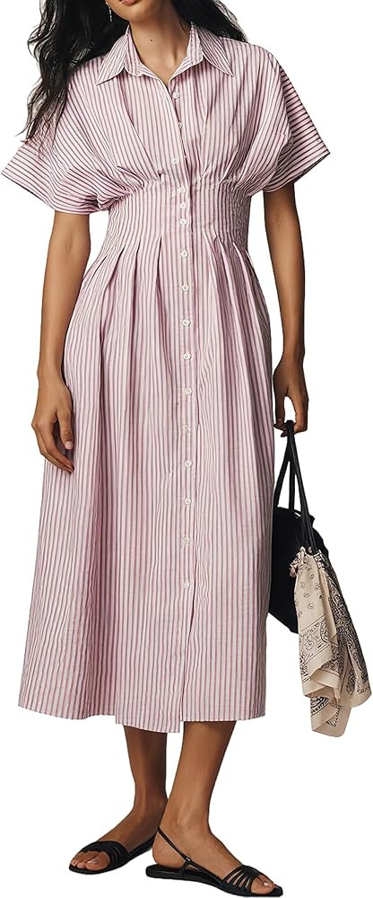 Women Button Front Pleated Shirt Maxi Dress Summer Striped Prints Short Sleeve Collar Casual Long... | Amazon (US)