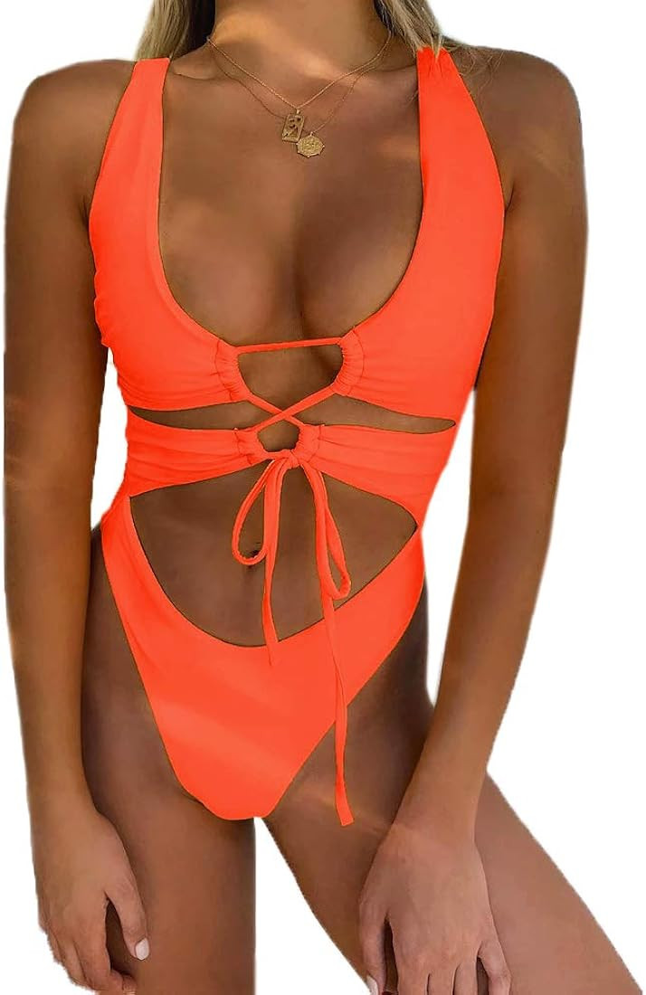 CHYRII Women's Sexy Cutout Lace Up Backless High Cut One Piece Swimsuit Monokini | Amazon (US)