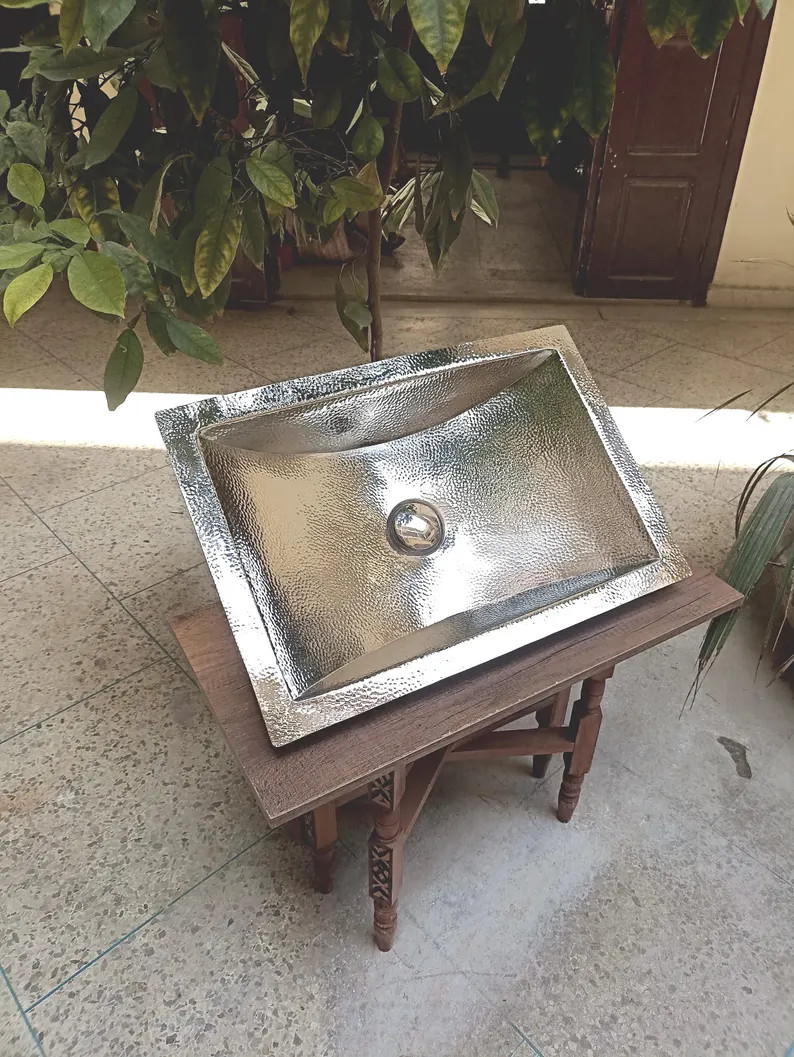 Handcrafted Hammered Brass Sink with Silver Finish - Elegant Rectangular Undermount Design for Ki... | Etsy (Global)