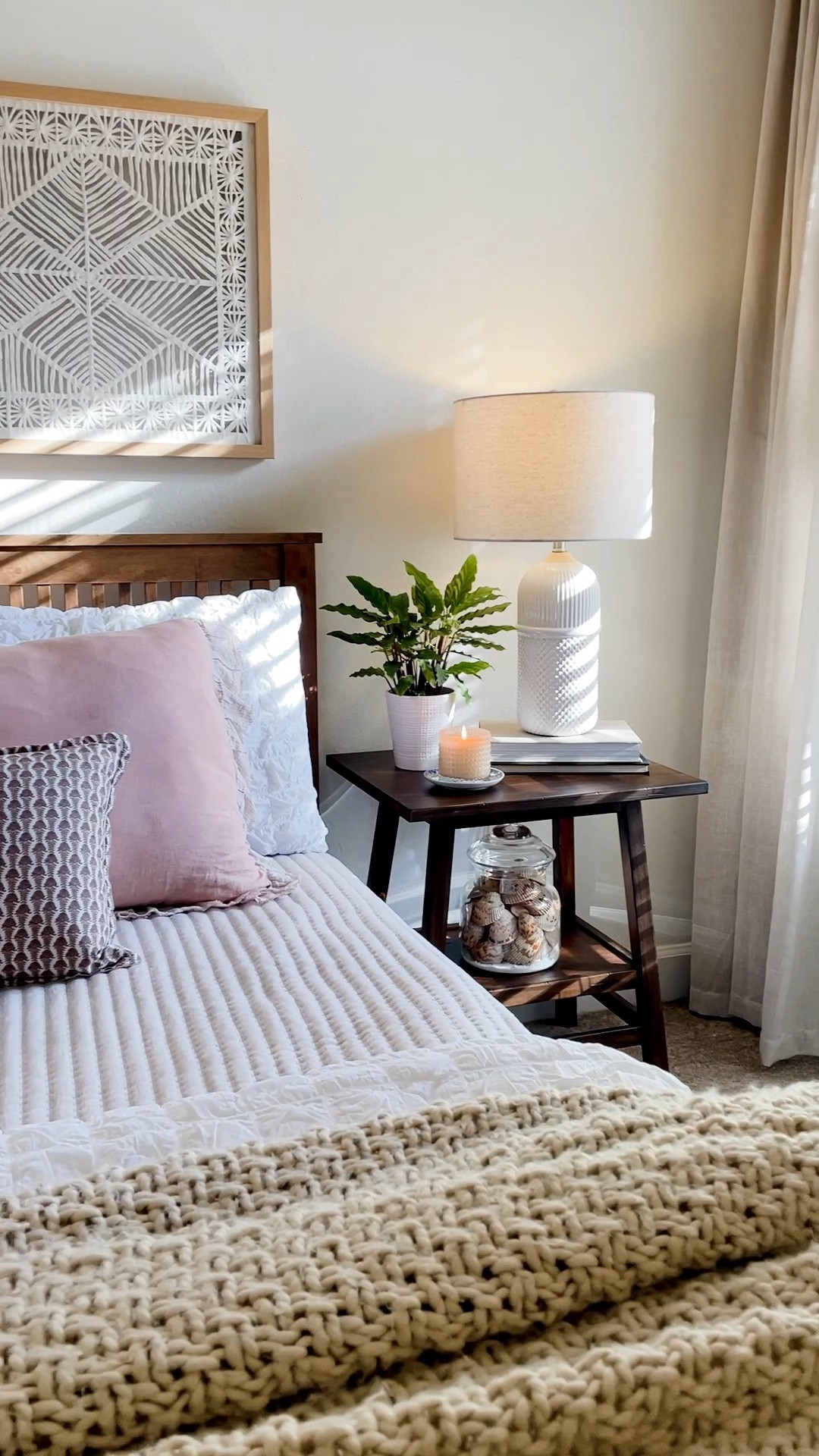 This room is so cozy, I went with soft muted colors to keep the feeling calming and peaceful. 

Beige coverlet, white comforter set, beige knit throw, blush knit throw, open shelf night stand, cream lamp, faux plants, blush throw pillow, rice paper art. 

#LTKVideo #LTKhome