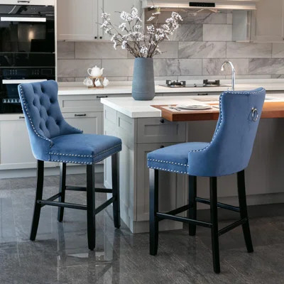 Set Of 2 Contemporary Velvet Upholstered Bar Stools With Button Tufting, Wooden Legs, And Chrome Trim (Blue) | Gift Idea | Wayfair North America