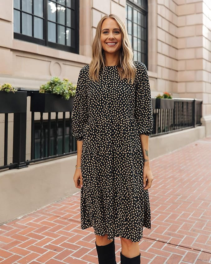 The Drop Women's Black/Tan Polka-dot Tiered 3/4 Sleeve Midi Dress by @fashion_jackson | Amazon (US)