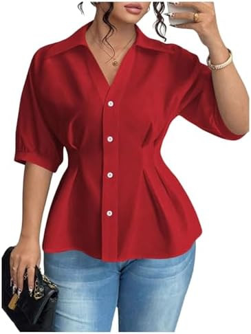 SOLY HUX Women's Plus Size Button Down Peplum Puff Sleeve Blouse Work Tops | Amazon (US)
