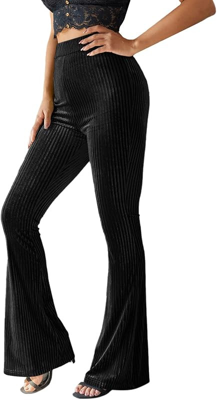 Women's Velvet Elastic Waist Flare Leg Palazzo Long Pants Trousers | Amazon (US)