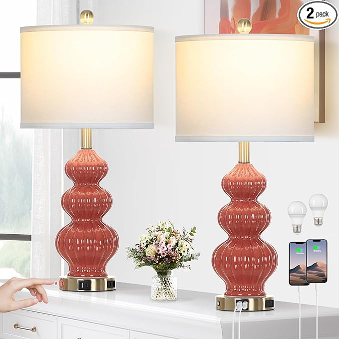 Triple Gourd Ceramic Table Lamps Set of 2, Modern Orange Bedside Lamps with USB A+C Ports & AC Ou... | Amazon (US)