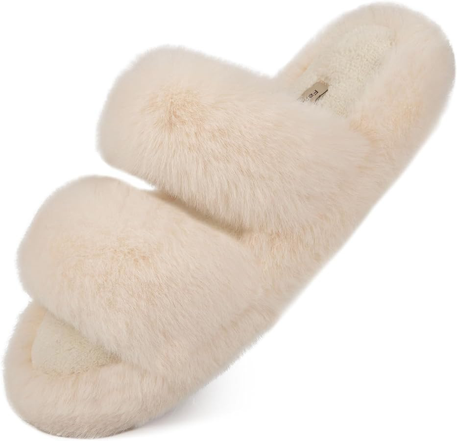 FamilyFairy Women's Fluffy Faux Fur Slippers Comfy Open Toe Two Band Slides with Fleece Lining an... | Amazon (US)