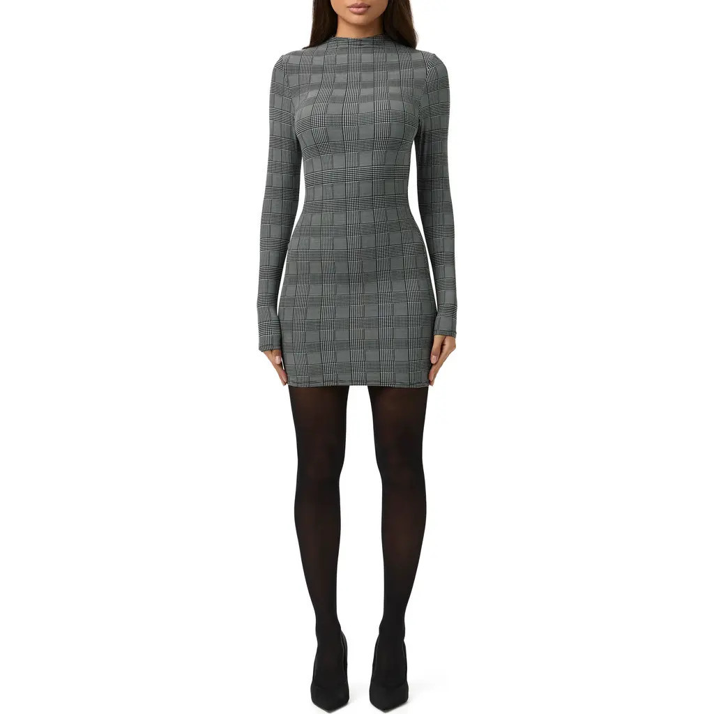 Naked Wardrobe Print Long Sleeve Body-Con Minidress in Houndstooth Plaid at Nordstrom, Size X-Large | Nordstrom
