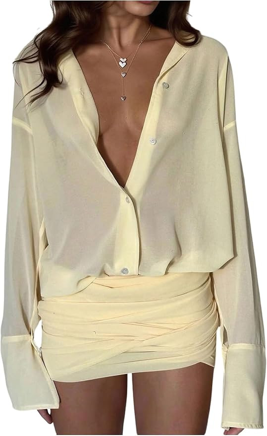 SHENHE Women's Sexy Sheer Button Up Shirt Dress Ruched Bodycon Long Sleeve Mini Dress | Amazon (US)