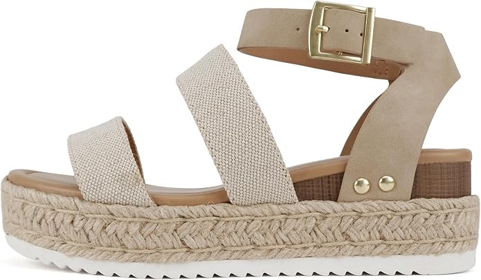 Soda Top Shoe Bryce Open Toe Buckle Ankle Strap Espadrilles Flatform Wedge Casual Sanda | Amazon (US)